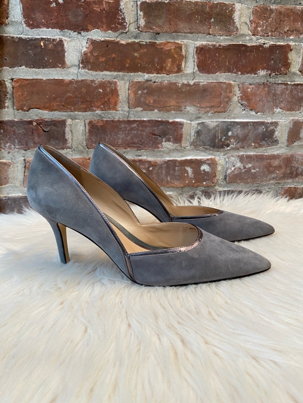 White House Black Market Emilia Smoked Pearl Suede Heels, Size 8.5M
